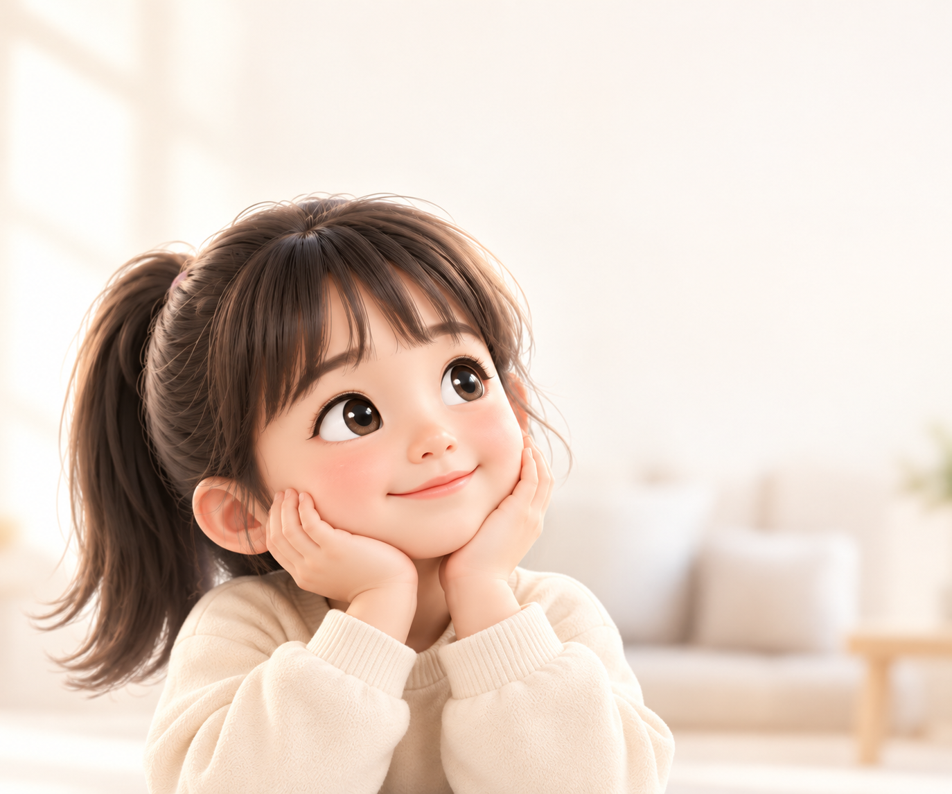 필요한 기능을 남겨 둔 휴대폰을 생각하며 미소 짓는 소녀