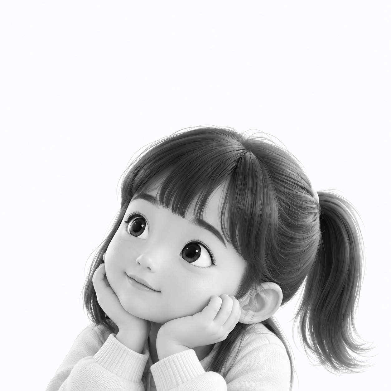 양손으로 턱을 괴고 위를 바라보는 소녀